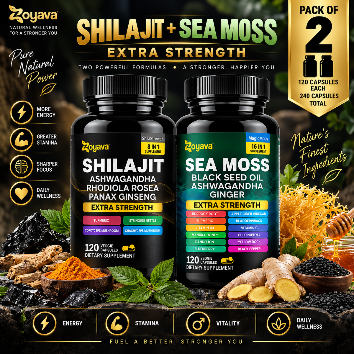 Shilajit & Sea Moss Supplement for Men – Extra Strength 8-in-1 + 16-in-1 Formula