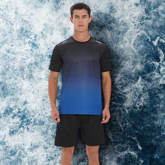 Men's Gradient Sports Tracksuit Set – Gym T-Shirt & Shorts (Blue)