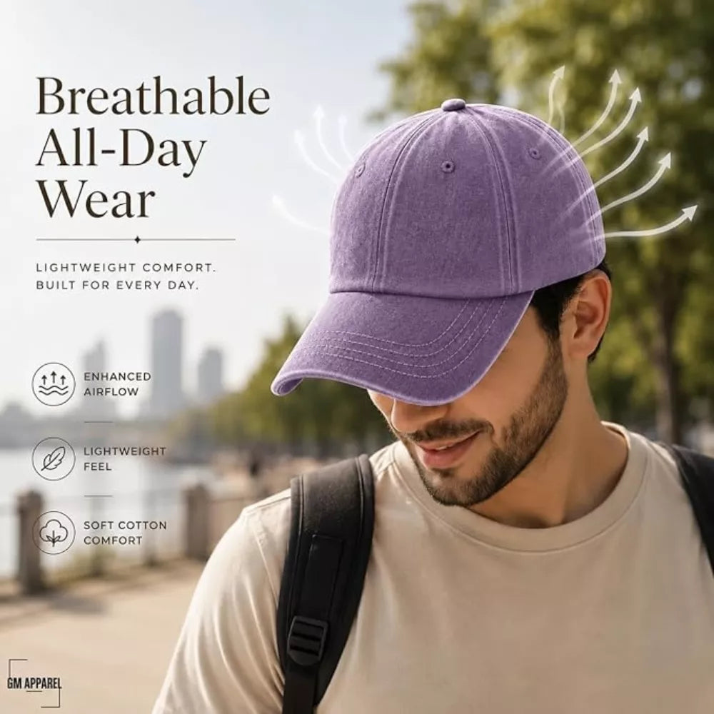 GM Apparel Stonewashed Distressed Baseball Cap – Adjustable Dad Hat (Lilac)