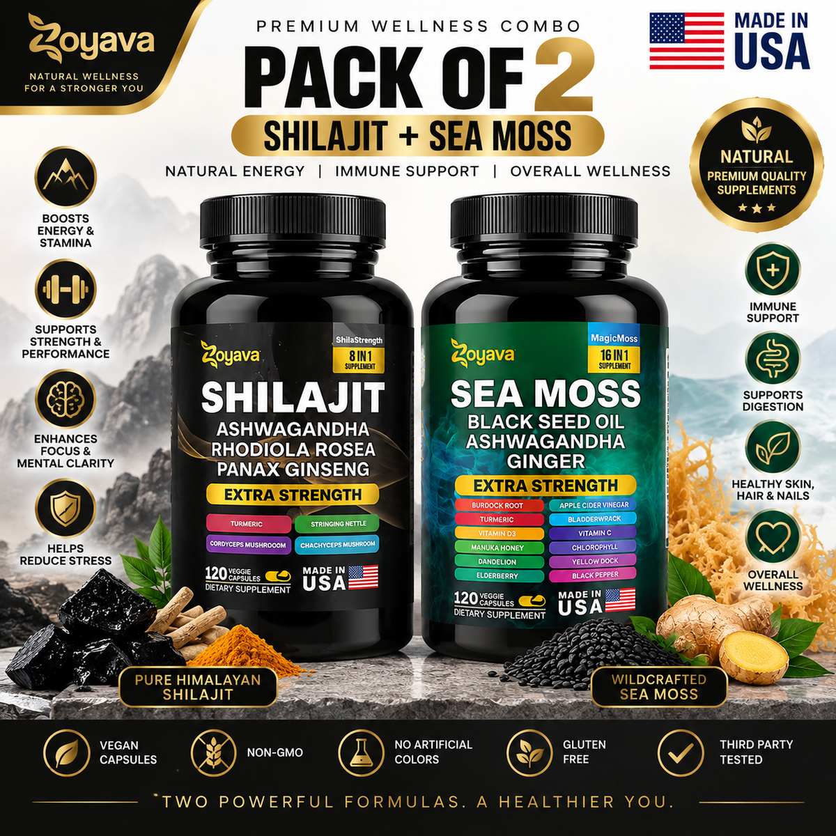 Shilajit & Sea Moss Supplement for Men – Extra Strength 8-in-1 + 16-in-1 Formula