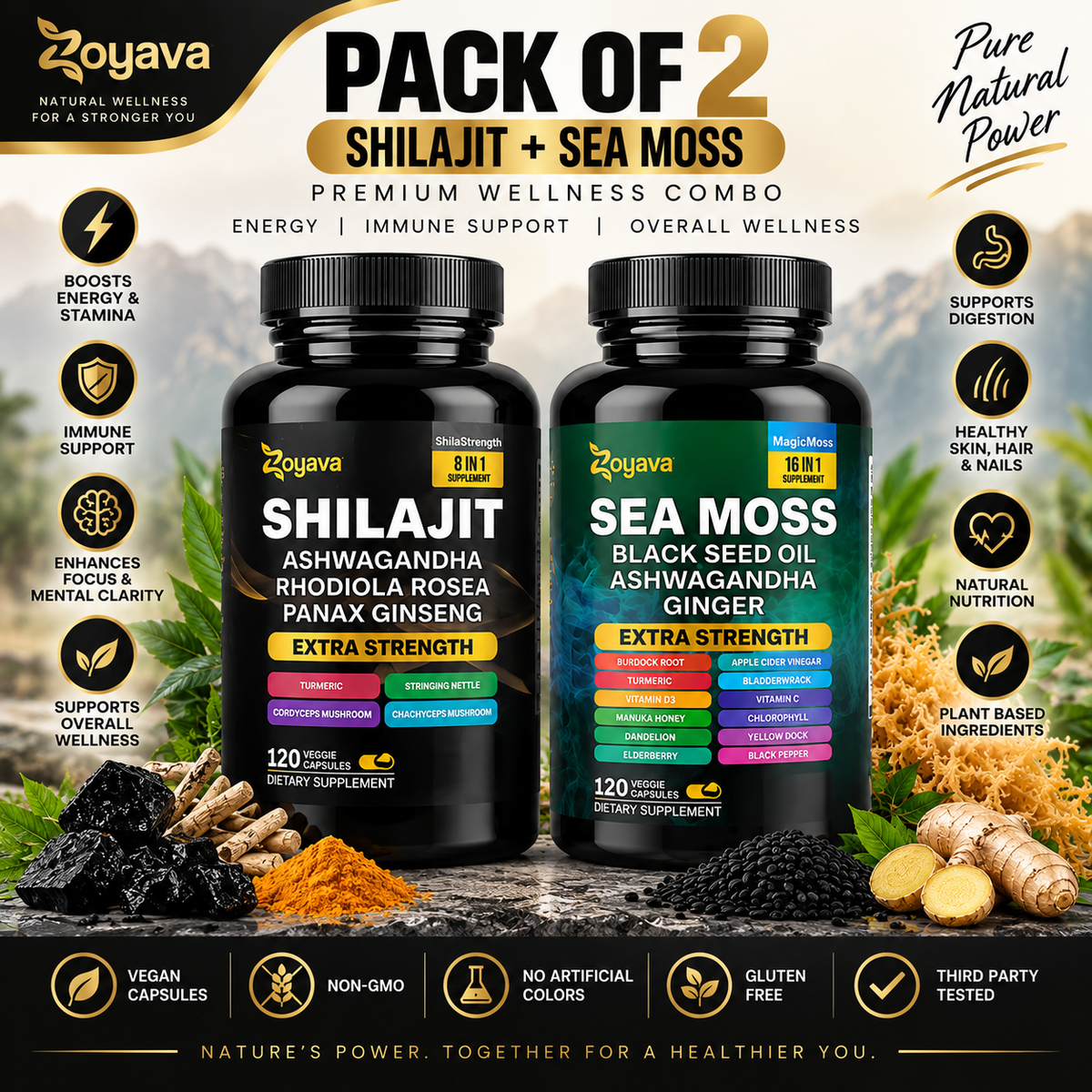 Shilajit & Sea Moss Supplement for Men – Extra Strength 8-in-1 + 16-in-1 Formula
