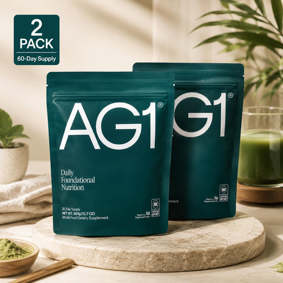 AG1 Daily Foundational Nutrition Supplement – Pack of 2, Vitamins, Minerals, Probiotics & Botanical Ingredients, Greens Superfood Powder, 30-Day Supply Each